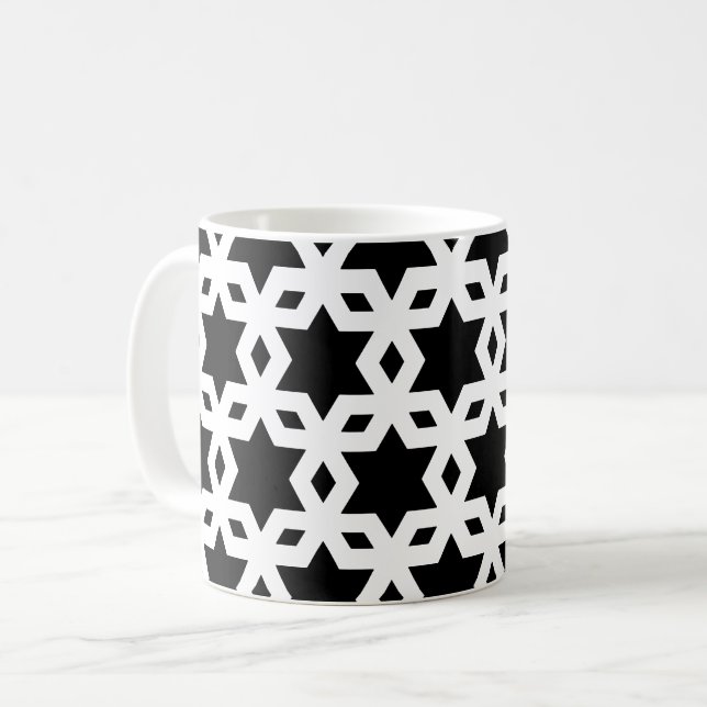 White Black Corners Star Geometric Pattern Coffee Mug (Front Left)