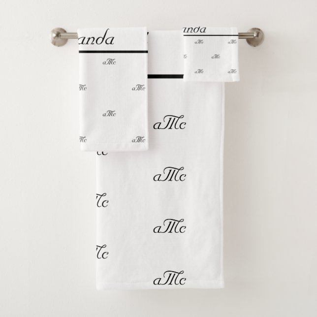 White black couple monogram pattern name script bath towel set (Insitu)