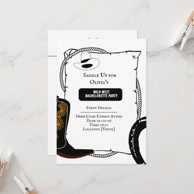 White & Black Cowgirl Hat boots Bachelorette Party Invitation (Front/Back In Situ)