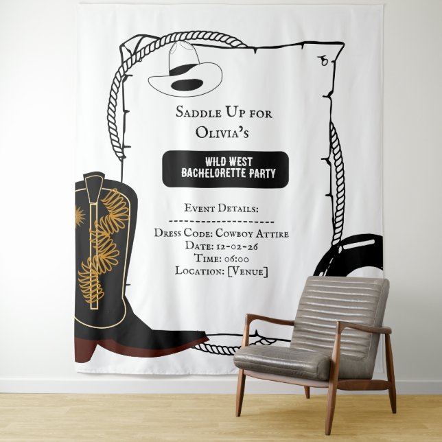 White & Black Cowgirl Hat boots Bachelorette Party Tapestry (In Situ)