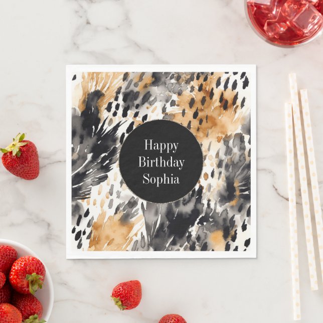 White Black Cream Leopard Animal Birthday Napkin (Insitu)