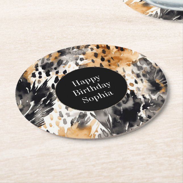 White Black Cream Leopard Animal Birthday Round Paper Coaster (Angled)