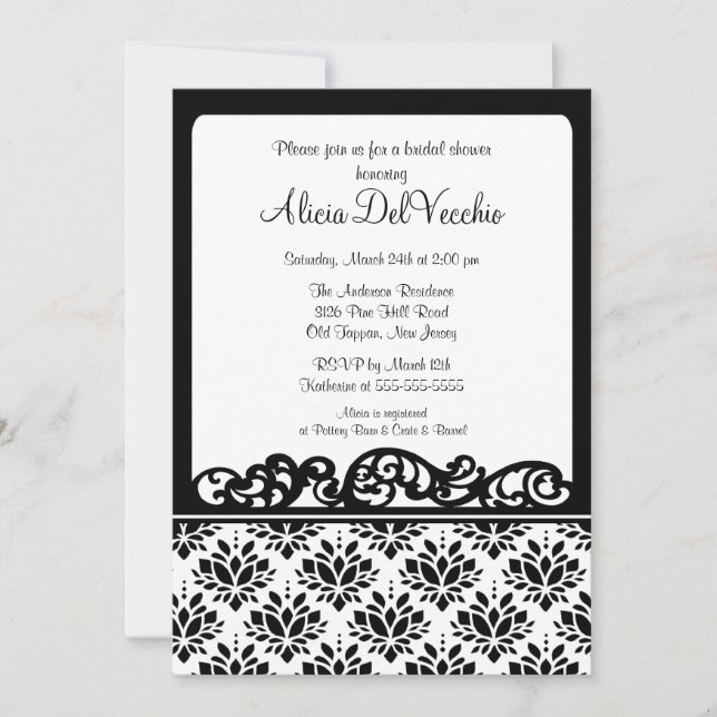 White & Black Damask Bridal Shower Invitation (Front)