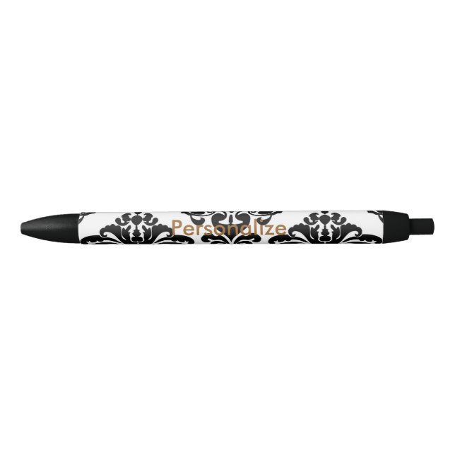 White & Black Damask Elegant Personalised Chic Blue Ink Pen (Front)