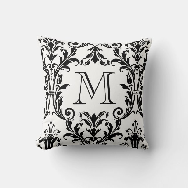White & Black Damask Floral Swirls Monogram Cushion (Front)