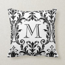 White & Black Damask Floral Swirls Monogram
