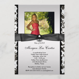 White Black Damask Photo Graduation Announcement
