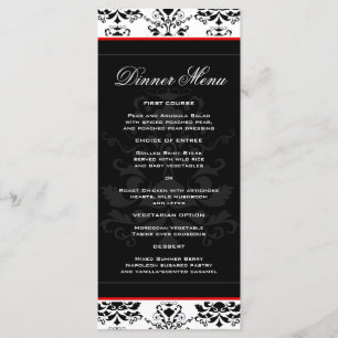 White & Black Damask Red Accent Slim Dinner Menu