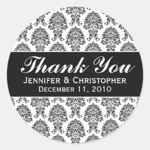 White & Black Damask Round Wedding Labels