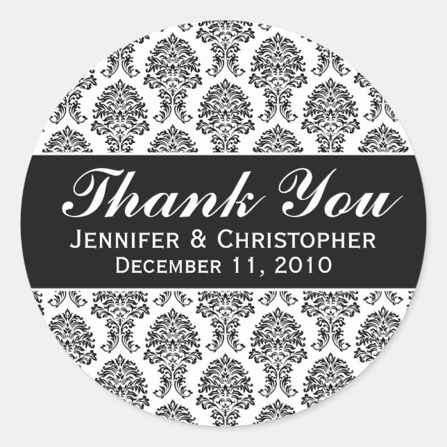 White & Black Damask Round Wedding Labels (Front)