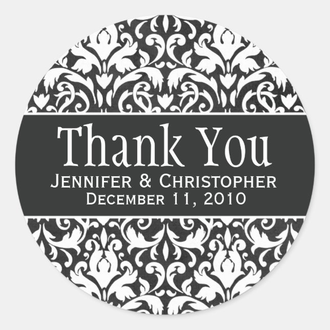 White & Black Damask Round Wedding Labels (Front)