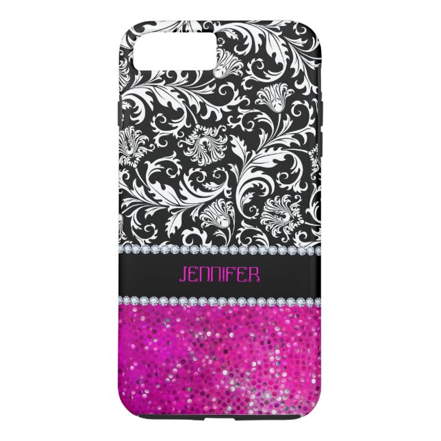 White & Black Damasks Pink Glitter & Diamonds Case-Mate iPhone Case (Back)