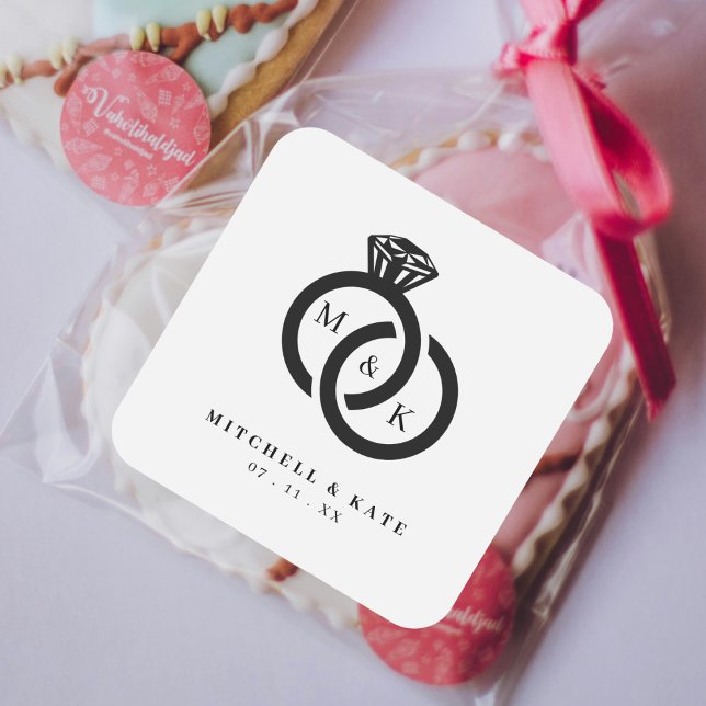 White & Black Diamond Ring Monogram Wedding Square Sticker (White & Black Diamond Ring Monogram Wedding Square Sticker)