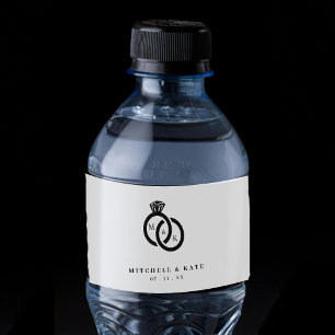 White & Black Diamond Ring Monogram Wedding Water Bottle Label