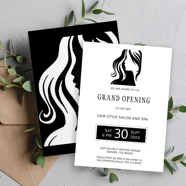 White black elegant beauty salon grand opening invitation (Creator Uploaded)