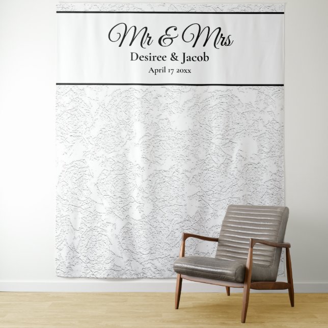 White Black Elegant Photo Booth Wedding Backdrop Tapestry (In Situ)