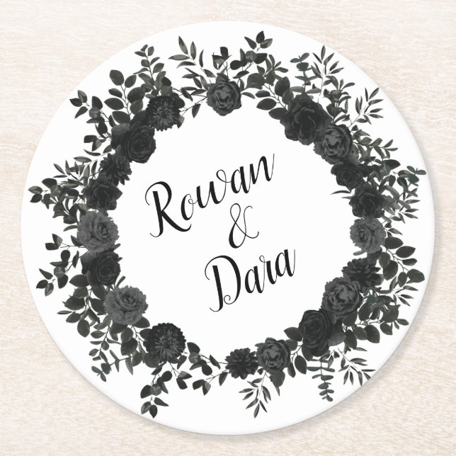 White Black Elegant Rose Gothic Wedding Coasters (Front)