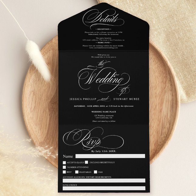White black elegant script calligraphy wedding all in one invitation (White black elegant script calligraphy wedding all in one invitation)