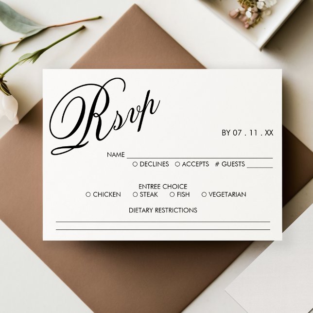 White & Black Elegant Script Wedding RSVP Card (White & Black Elegant Script Wedding RSVP)