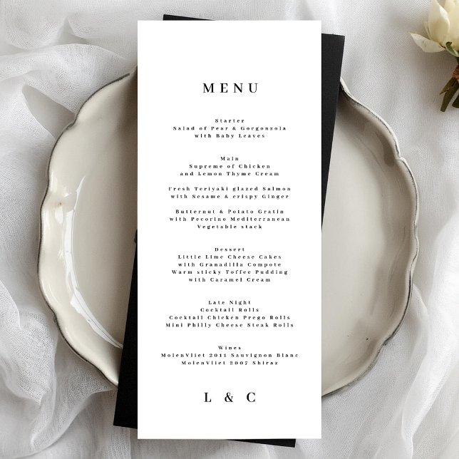 White Black Elegant Simple Monogram Wedding Menu (Creator Uploaded)