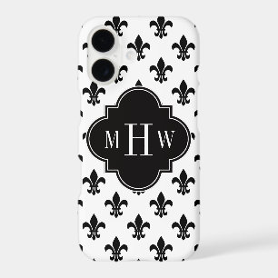 White Black Fleur de Lis Black 3 Initial Monogram