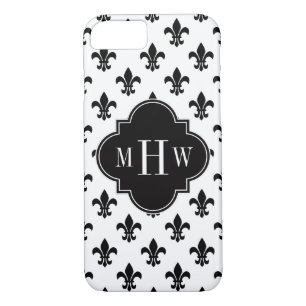 White Black Fleur de Lis Black 3 Initial Monogram iPhone 8/7 Case