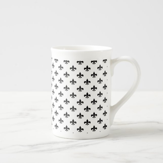White Black Fleur De Lis Delicate Mardi Gras Bone China Mug (Right)