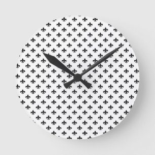 White Black Fleur De Lis Delicate Mardi Gras Round Clock