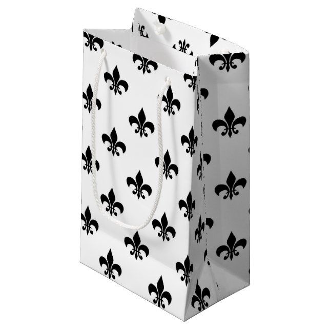 White Black Fleur De Lis Delicate Mardi Gras Small Gift Bag (Front Angled)