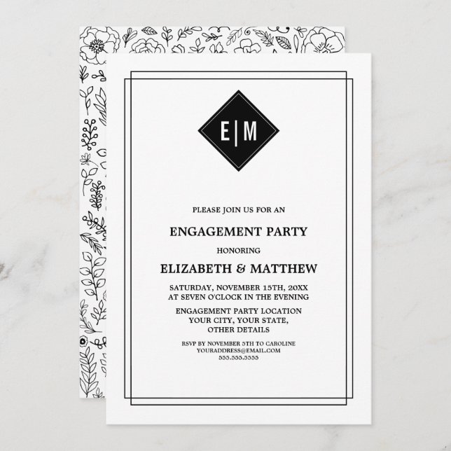 White | Black Floral Engagement Party Invitation (Front/Back)