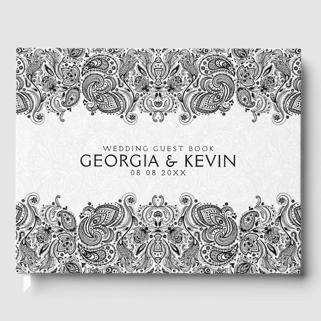 White & Black Floral Paisley Lace Guest Book (Front)