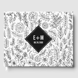 White Black Floral Pattern Wedding Guest Book