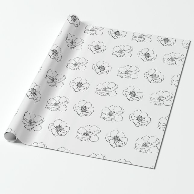 White & Black Floral Wrapping Paper (Unrolled)