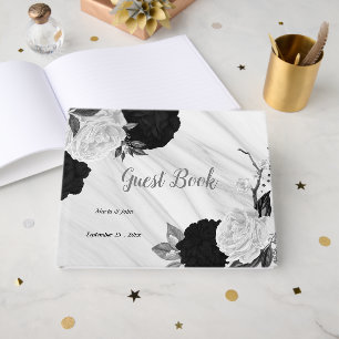 white & black flowers grey botanical marble guest book