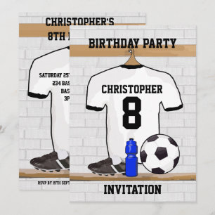 White Black Football Soccer Jersey Birthday Party Invitation