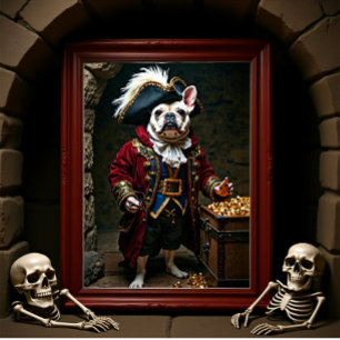 White Black French Bulldog Pirate Red Poster