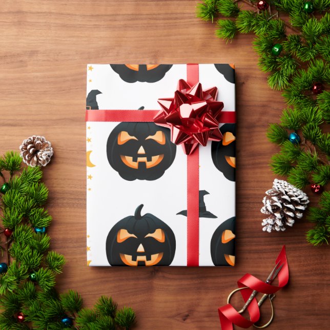 White & Black Fun Halloween Pumpkin&hats Pattern  Wrapping Paper (Holiday Gift)