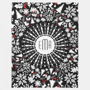 White & Black Geometric Christmas Wreath Fleece Blanket