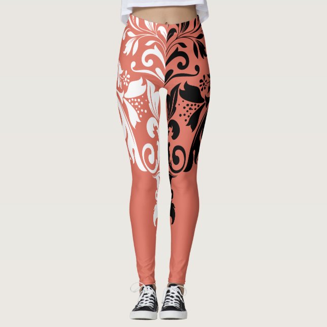 White & Black Girly Floral Swirls Leggings (Front)