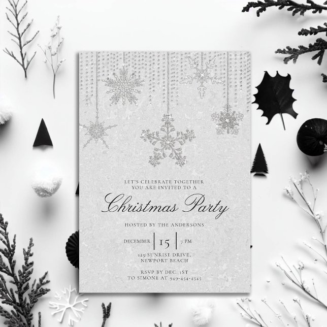 White Black Glitter Drips Snowflakes Christmas Invitation (rhinestones glitter drips christmas party invitation elegant black white modern minimalist classy)
