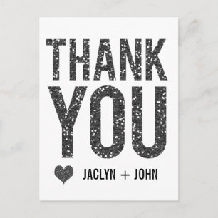 White & Black Glitter Wedding Thank You Postcard