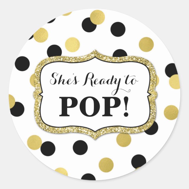 White Black Gold Baby Shower Ready to Pop Classic Round Sticker (Front)