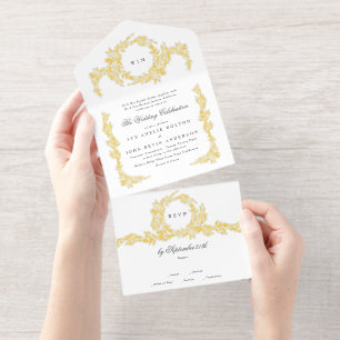 White Black Gold Botanical Classic Wreath Wedding All In One Invitation