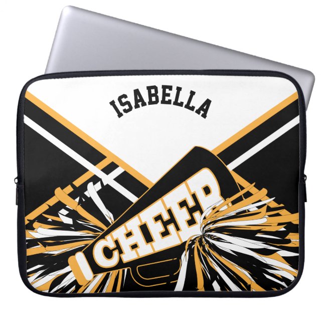 White, Black & Gold Cheerleader Design Laptop Sleeve (Front)