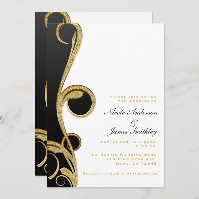 White Black Gold Chic Elegant Swirl Wedding Invitation (Front/Back)