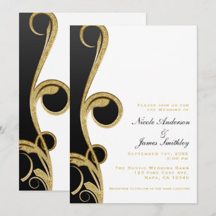 White Black Gold Chic Elegant Swirl Wedding Invitation