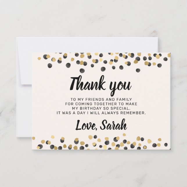 White Black Gold Confetti Birthday Thank You (Front)