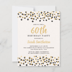 White Black Gold Confetti Glitter 60th Birthday Invitation