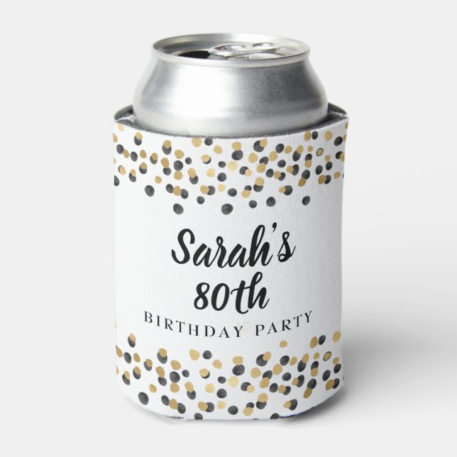 White Black Gold Confetti Glitter 80th Birthday Can Cooler (Can Front)