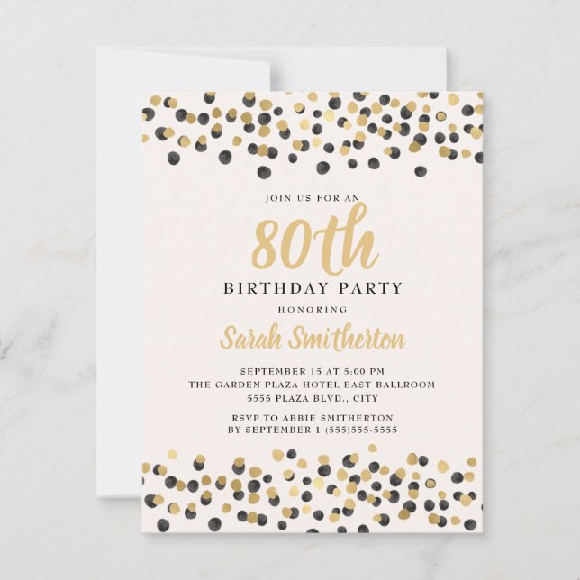 White Black Gold Confetti Glitter 80th Birthday Invitation (Front)
